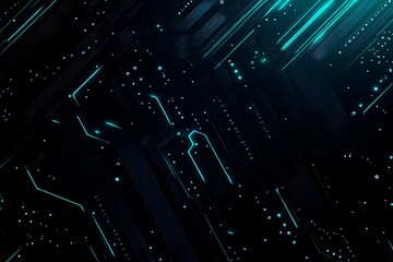 Abstract close-up of a glowing blue digital circuit board, showcasing intricate connections and technological design on a black background.

