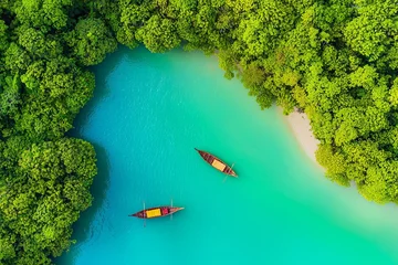 Fototapete Rund Aerial top view from a drone showcases Thai and foreign tourists experiencing adventure style hi season on Phi Phi Island, Kra Bi, Thailand, with long tail boats to see coral © Mark