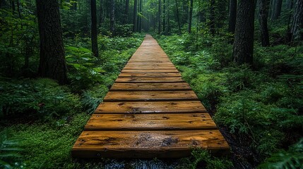 A wooden path leading through a dense green forest, showcasing the beauty of nature and outdoor activities in Canada's boreal forests. 
