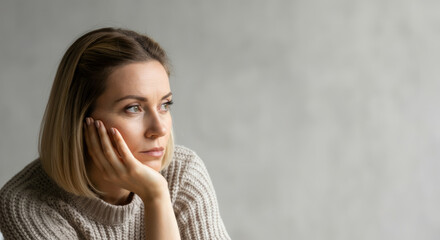 Contemplative caucasian woman in knit sweater looking thoughtful indoors