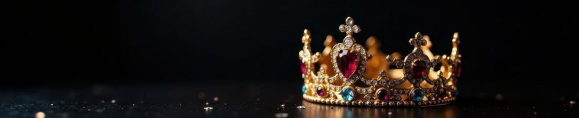 Fototapeta premium Ornate gold crown, glittering gemstones, black backdrop, header, retro