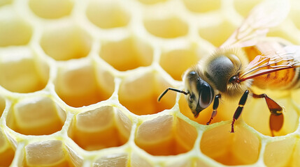 Macro photography of a bee on honeycombs with drops of honey.