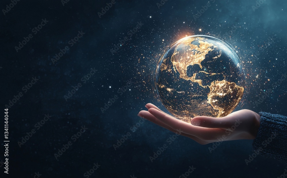 Poster the idea of a global connection encompasses a digital planet at one's fingertips, highlighting the s