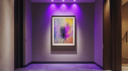 A contemporary entryway with a single framed abstract artwork, illuminated by purple spotlights that add a playful yet elegant touch.
