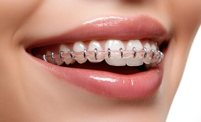 Obraz premium Close-up of a smiling woman with braces on her teeth.