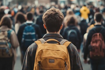 Fototapeta premium A crowd of high school students with backpacks walking to school. Back view