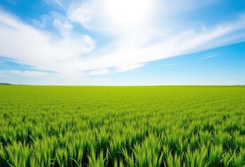 Obraz premium Vast emerald field meets flawless azure sky, sunlit, tranquil, tranquil, sunshine