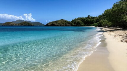 Obraz premium Crystal-clear turquoise waves gently lapping against a pristine white sandy shore under a bright blue sky
