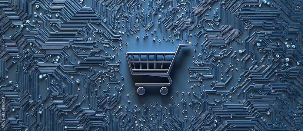 Poster online shopping through e-commerce allows customers to add products to a cart using internet busines