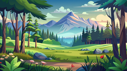 vector of stunning forest landscape with a grassy clearing, distant hills © koushkij