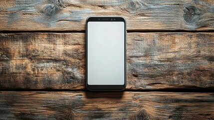 Black smartphone with a blank white screen on a light wooden table background, top view. Mockup for a mobile app design concept. Flat lay style. Stock photo, with copy space on the left side