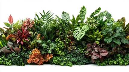 Lush green and red foliage arrangement isolated on white.