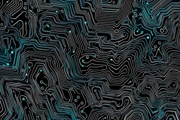 Obraz premium Abstract close-up of a glowing blue digital circuit board, showcasing intricate connections and technological design on a black background. 