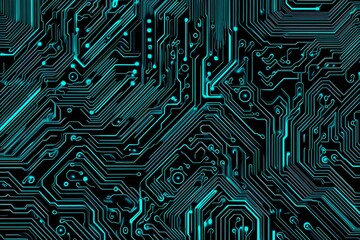 Abstract close-up of a glowing blue digital circuit board, showcasing intricate connections and technological design on a black background.
