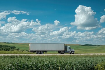 Rural highway, semi-truck driving, farmland landscape, sunny day