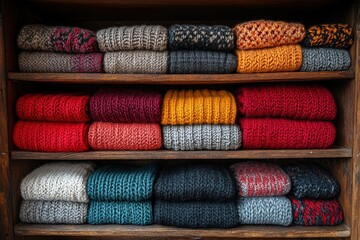 Stacks of Cozy Knit Sweaters and Scarves Displayed on a Wooden Table, Autumn or Winter Clothing Assortment