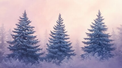 Obraz premium Frosted pine trees standing tall against a soft pink winter sunrise