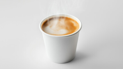 A simple hot Americano with cream in a white paper cup, steam rising gently on a white backdrop, cup of coffee on white background. 