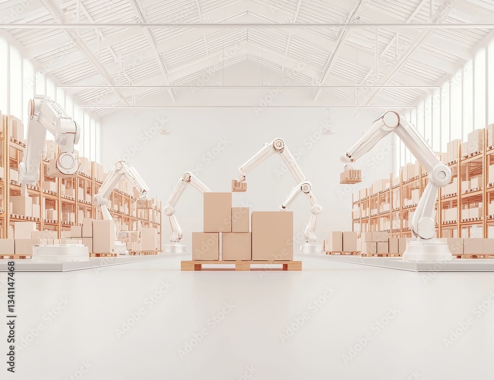 Poster a 3d rendering image showcases a smart factory concept featuring dual-arm robots assembling motor co