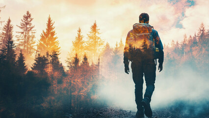 Double exposure of a man blended with a serene forest scene.