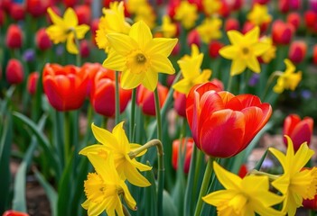 Obraz premium Close-up of vibrant yellow daffodils and red tulips in a spring garden, outdoor, daffodils