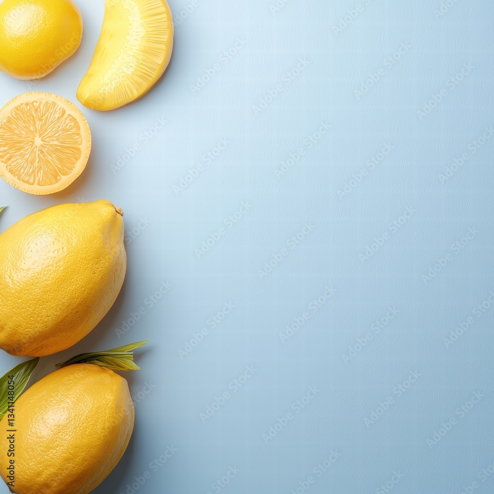 Poster a fresh bunch of lemons with a bright lemon slice displaying zest and flavor for culinary uses
