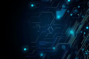 Abstract close-up of a glowing blue digital circuit board, showcasing intricate connections and technological design on a black background.
