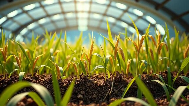 Young Wheat Sprouts Under Modern Greenhouse Dome, Sunlight