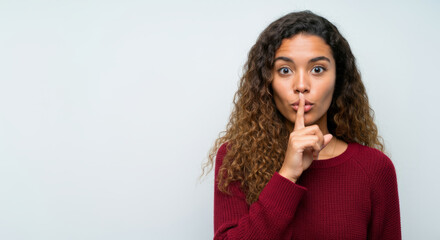 Young hispanic female gesture silence in red sweater with curly hair