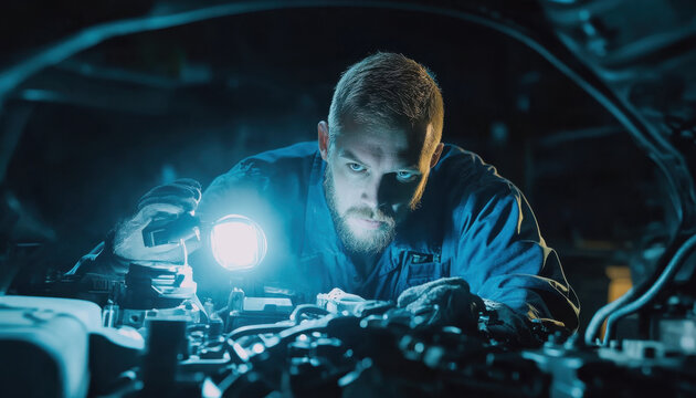 A skilled mechanic inspects the engine of a vehicle with focus. He uses an LED headlamp for better visibility in the dimly lit auto repair shop at night