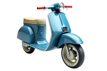 A stylish vintage blue scooter with a sleek body, modern details, and chrome accents, isolated on a white background, perfect for transport visuals.