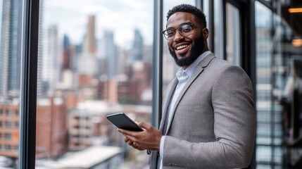 Fototapeta premium Confident African American businessman wearing glasses and a stylish gray suit, holding a tablet while standing by a large window with a city skyline in the background. 