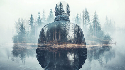 Double exposure of a man blended with a serene forest scene.