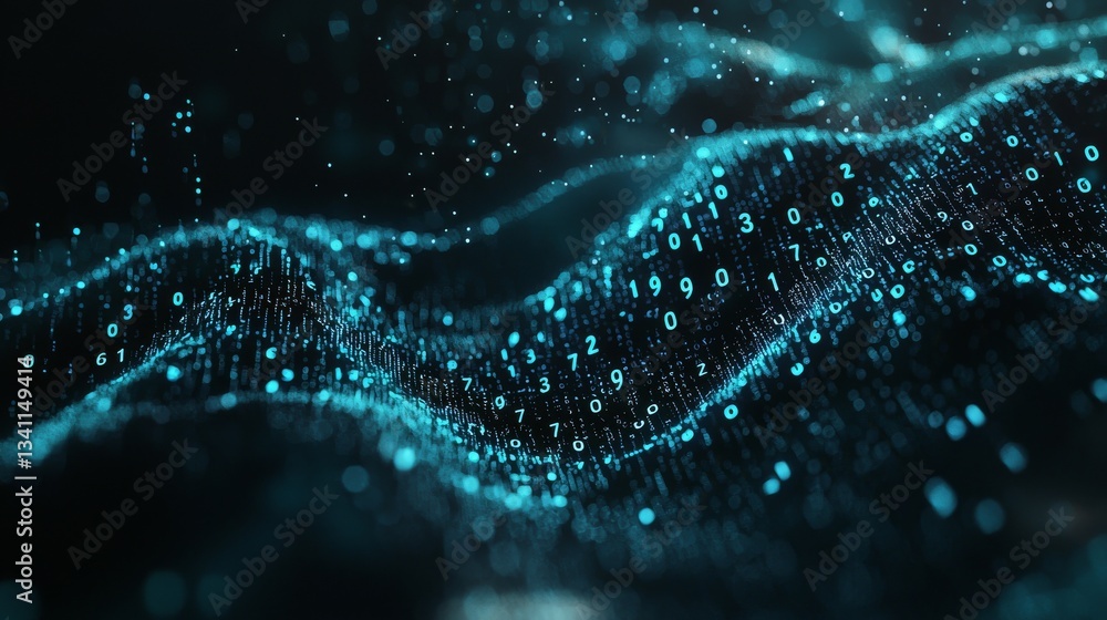 Poster Big data visualization, the flow of data, and information code are key components of a data technology background, which often features a matrix style with 3D rendering