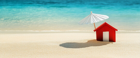 Red miniature house on sandy beach, shaded by small white umbrella, ocean background, showcasing summer vacation, coastal living, or real estate concepts