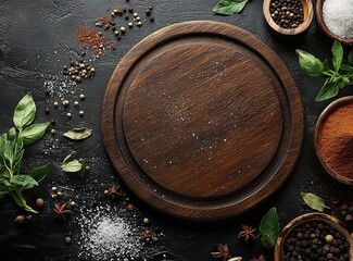 Dark background with a round wooden board and spices on the desk, top view, flat lay, high-resolution stock photo with space for text. Contest winner.