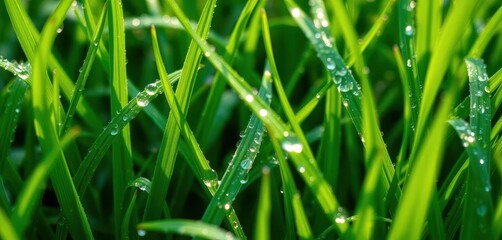 Macro shot of vibrant green grass blades glistening with fresh morning dew after a rain shower, planet, flora
