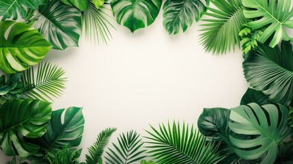 Lush Green Tropical Leaves Frame White Background Minimalist Design