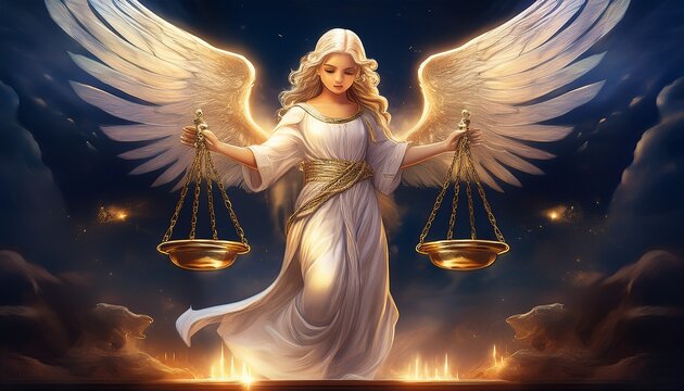 A mysterious angel with golden scales, weighing the souls of the righteous and the wicked, balancing the fate of humanity in a realm beyond