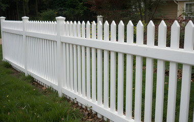 White picket fence backyard is made wood has vinyl fencing