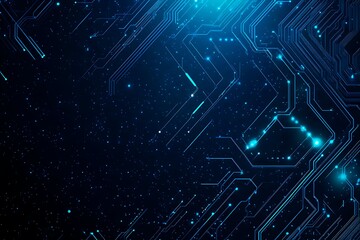 Abstract close-up of a glowing blue digital circuit board, showcasing intricate connections and technological design on a black background.
