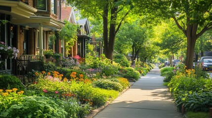 Obraz premium Quiet suburban street lined with lush green trees and blooming gardens