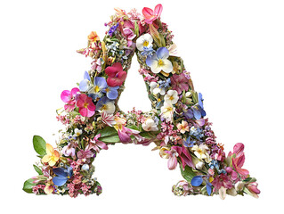 a large floral letter A composed of various flowers.