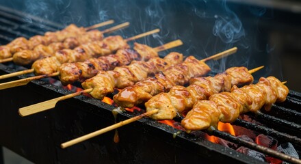 Grilling Chicken Skewers with Delicious Sauce on Charcoal Grill