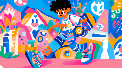 Obraz premium Dynamic Cityscape: A Child's playful journey through vibrant buildings and whimsical shapes