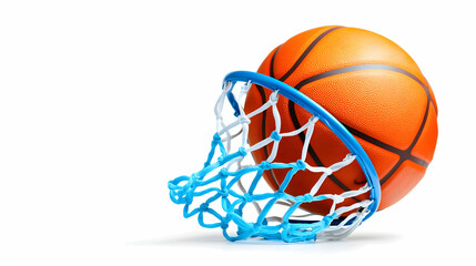 Orange Basketball in Blue Hoop on White Background