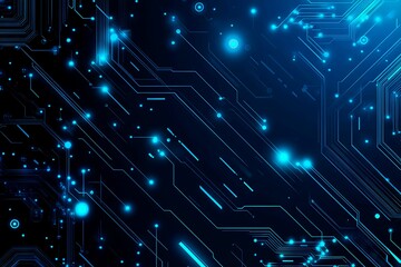 Obraz premium Abstract close-up of a glowing blue digital circuit board, showcasing intricate connections and technological design on a black background. 