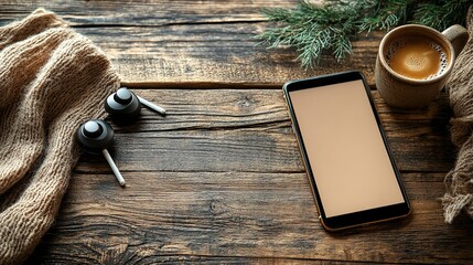 Flat lay, top view, copy space, empty middle mockup, blank screen mobile phone with earphones and coffee mug on a rustic wooden table background, high-resolution stock photo, cinematic lighting