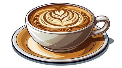 cup of cappuccino with beautiful latte art served in a white cup and saucer, cut out White background