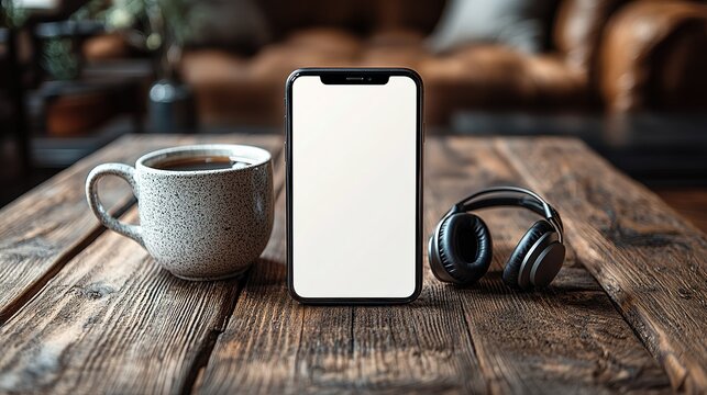 Flat lay, top view, copy space, empty middle mockup, blank screen mobile phone with earphones and coffee mug on a rustic wooden table background, high-resolution stock photo, cinematic lighting.